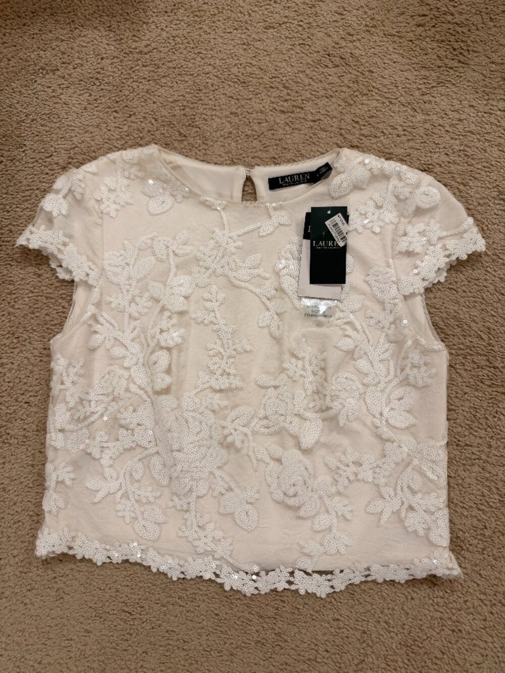 NWT Lauren by Ralph Lauren Ivory Sequin Floral Lace Top Size 4